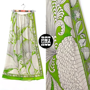 Groovy Vintage 70s Green Psychedelic Swirly Border Print Maxi Skirt 
