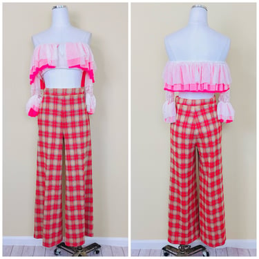 1970s Vintage Acrylic Red and Yellow Plaid Pants / 70s High Waisted Elastic Flared Bell Bottoms / Small 