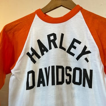 XS Sm, 1980s Harley Davidson Baseball T-shirt, Orange, White - E 