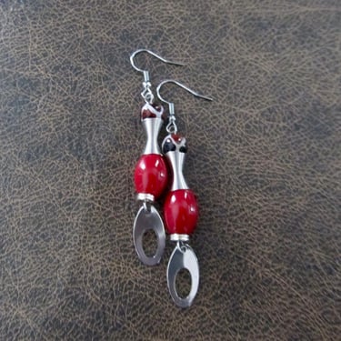 Red and silver dangle earrings 