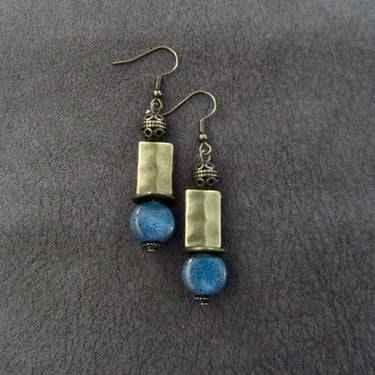 Bronze earrings, ethnic ceramic earrings, mid century modern earrings, unique Art Deco earrings, bohemian boho earring, hammered metal, blue 