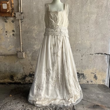 Antique Edwardian White Silk & Net Dress Embroidered Flowers Pearls Tassel Bride