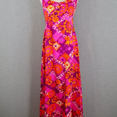 1960s 1970s Hot Pink and Orange Hawaiian Maxi - Tropical Tiki - Resort Wear - Beach Dress - Palm Beach - Floral Maxi Dress 