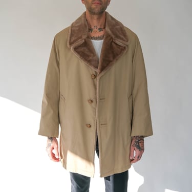Vintage 70s Mighty Mac Tan Gabardine Winter Jacket w/ Faux Fur Lapel & Lining | Made in USA | 1970s Designer MOD, Tailored Mens Overcoat 