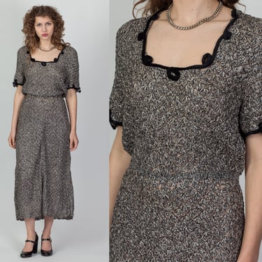 1950s Ribbon Knit Maxi Dress - Large | Vintage 50s Black Velvet Trim Short Sleeve A Line Dress 