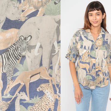 Safari Animal Shirt 90s Button up Blouse Lion Tiger Giraffe Zebra Gazelle Monkey Elephant Print Top Short Sleeve Novelty Vintage 1990s Large 