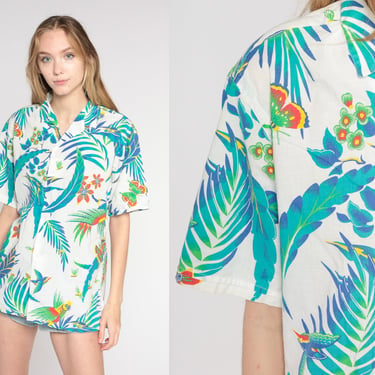 Hawaiian Shirt 80s Tropical Button Up Shirt Floral Leaf Bird Butterfly Print Top Short Sleeve White Blue Red Green Vintage 90s Mens Medium 