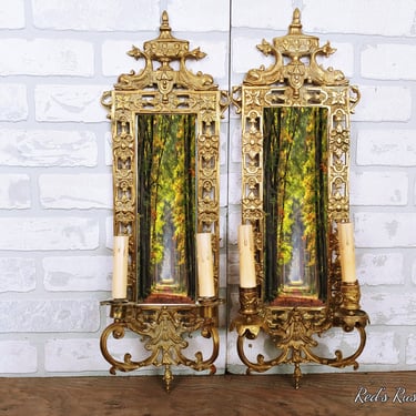 Pair of Hollywood Regency Gold Mirrored Lighted Wall Sconces 