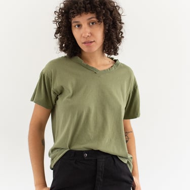 Vintage Faded Green V Neck T-Shirt | Olive Cotton Crewneck Tee | S M | 