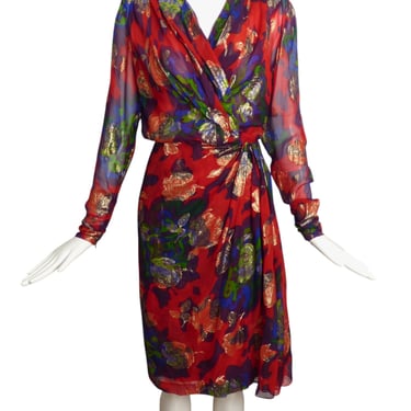 GIVENCHY- 1980s Metallic Floral Wrap Dress, Size 4