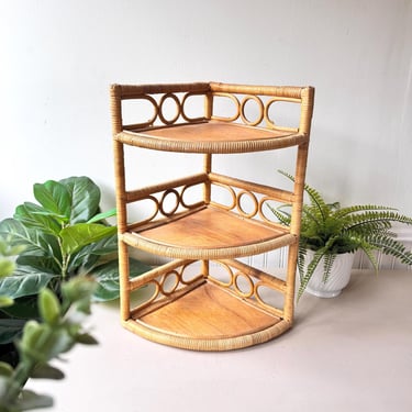Vintage 1960s Rattan Corner Shelf, MCM Mid Century Three-Tier Wicker Wall Plant Stand, Boho Cane Etagere 