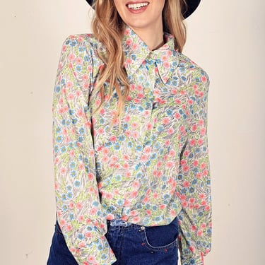 60s Daisy Blouse Vintage Print Colorful Pointy Collar Long Sleeve 