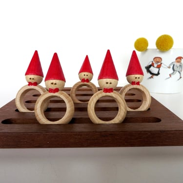 Vintage Scandinavian Tomte Napkin Rings, Set Of 5 Small Wooden Elf Napkin Holders With Red Hats 