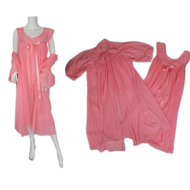 Volup 1960's Pink Nylon 2 Pc Peignoir Lingerie Nightgown Set I Sz LRG I Pin Up I Burlesque 
