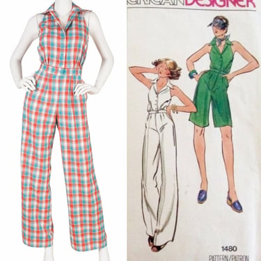 Vogue Americana 1970s Vintage Anne Klein Patern Blue & Orange Plaid Collared Jumpsuit Sz XS 