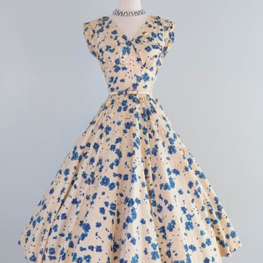 Spectacular 1950's Polished Cotton Floral Print Party Dress By Bramson / Small