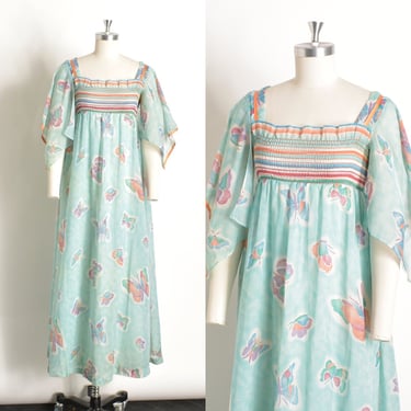 Vintage 1970s Dress / 70s Butterfly Print Cotton Maxi Dress / Blue ( XS S ) 