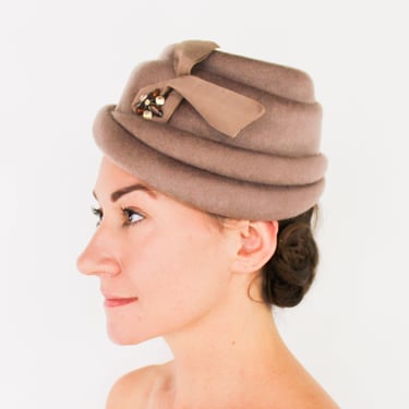 1950s Brown Mohair Hat | 50s Taupe Wool Felt Hat | Glenover 