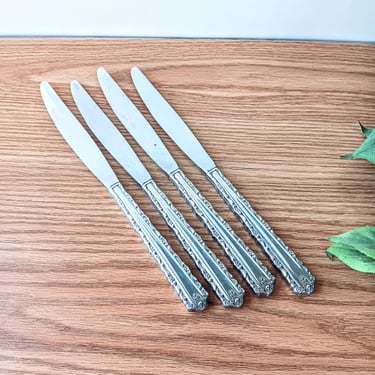 4 Vintage Cherie Stainless by Oneida Deluxe Table Dinner Knives/ Flatware/ Replacement Utensils / Discontinued/ Hollywood Regency 