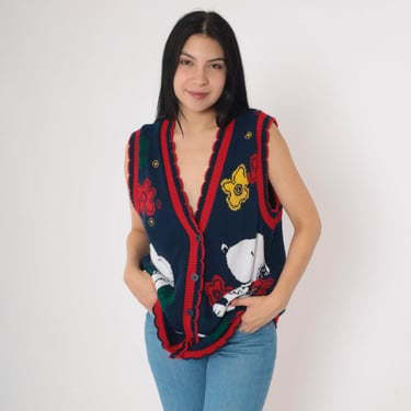 Vintage 90s Snoopy Vest Navy Blue Knit Button Up Front Peanuts Cartoon Floral Sleeveless Cardigan V Neck USA Made Small 