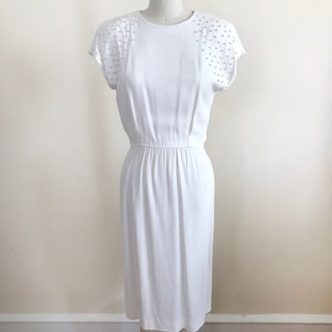 Ivory Crepe Midi-Dress with Pearl-Embellished Sleeves - 1980s 