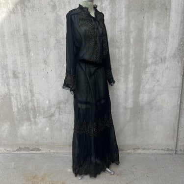 Antique Edwardian Black Muslin Cotton Tiered Dress Maxi Floral Embroidery Vtg
