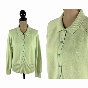 90s Light Green Sweater XL, Cotton Blend Half Button, Plus Size Long Sleeve Knit Polo, 1990s Clothes Women Vintage Susan Bristol 