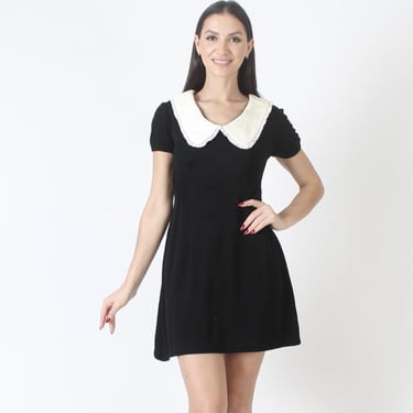 Wednesday Addams Costume, 70s Black Tuxedo Dress, White Scallop Collar Mini 