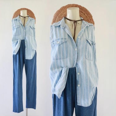 worrrn stripe denim top - m - vintage 90s y2k blue jean chambray light blue womens size medium summer shirt casual 