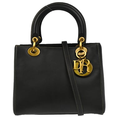 Christian Dior 2002 Black Leather Medium Lady Dior 2way Shoulder Handbag