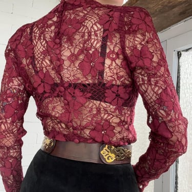 1930’s vintage maroon lace button back blouse with slight puff sleeve 