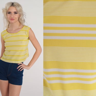 70s Tank Top Yellow Striped Sleeveless Shirt Mod Crop Top White Stripes Mod Retro Summer Casual Blouse Seventies Tee Vintage 1970s Small S 