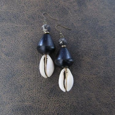 Cowrie shell earrings and chunky black wooden earrings 2 