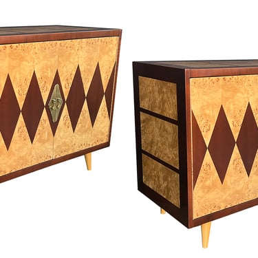 Quality Pair of Mastercraft 1960's Burl Maple & Brass 2-Door Cabinets