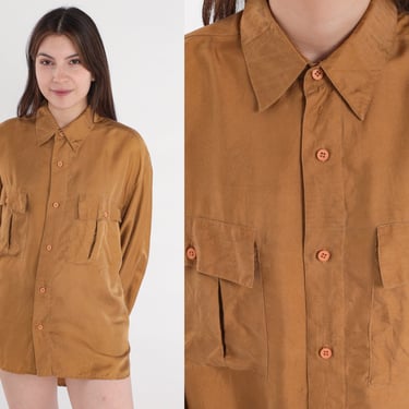 Brown Silk Blouse 90s Button Up Top Retro Long Sleeve Shirt Basic Chest Pocket Simple Plain Minimalist Neutral Vintage 1990s Extra Small xs 