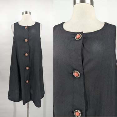 Vintage 90s Andrea Jovine 8 Black Linen Sleeveless Button Front Trapeze Tent Shift Dress with Pockets 