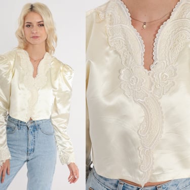 Cream Satin Jacket 80s Jessica McClintock Puff Sleeve Cropped Blazer Lace Trim Open Front Bridal Cocktail Vintage 1980s Extra Small xs 