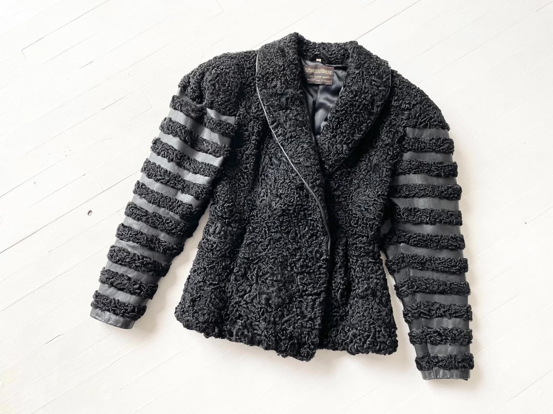 1980s Black Curly Lambswool + Leather Jacket Phenix Brooklyn, NY