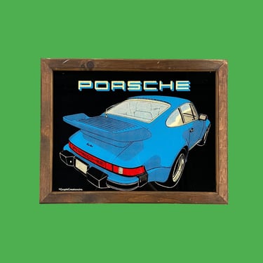Vintage Porsche Wall Art 1980s Retro Size 14x18 GraphiCreations Inc + Turbo 930 + Carnival Glass + Blue Car + Man Cave + Home and Wall Decor 
