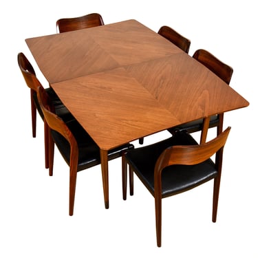 Walnut Marquetry American Modernist Expanding Dining Table w 3 Leaves