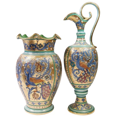 Vase & Ewer, Ceramic (2) Italian Byzantine Style, "Gold and Azure", Large, Mosai
