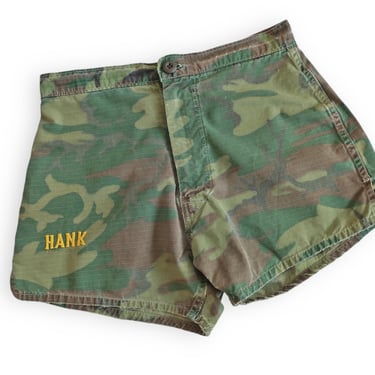 60s camo shorts / Vietnam war shorts / 1960s rip stop jungle camo embroidered PT shorts swimwear 27 