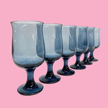 Vintage Water Goblet Retro 1970s Mid Century Modern + Libbey + Dusky Blue + Glass + Set of 6 + Tulip Style + Kitchen + Drinking + MCM Glass 