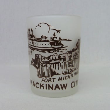 Vintage Mackinac City Michigan Souvenir Shot Glass - Fort Michilimackinac, SS Petoskey, US Lighthouse - White Frosted Black 