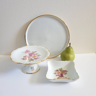 Vintage Arzberg Wild Rose Porcelain Serving Set - Tray, Pedestal, Bowl 