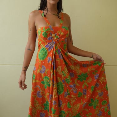 1970's Resort Dress / Gorgeous Orange Printed Festival Maxi Gown / Late Seventies / Orange and Green / Haute Hippie Boho Dress / Sleeveless 