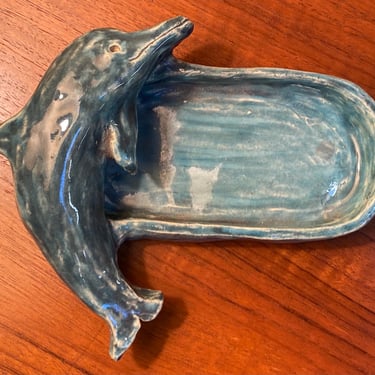 Item #LM08 Glazed Ceramic Blue Dolphin Soap Dish 20th c.