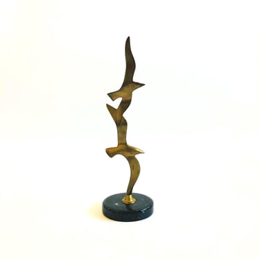 Tall Brass Seagull Sculpture on Marble Base 