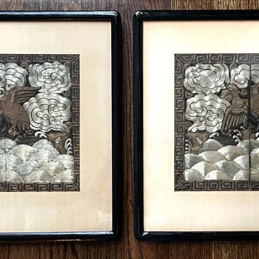 Pair of Framed Chinese Embroidered Eighth Rank Badges Qing Dynasty