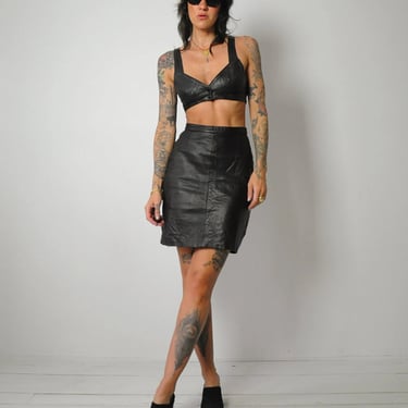1980's Black Leather Bra & Skirt Set